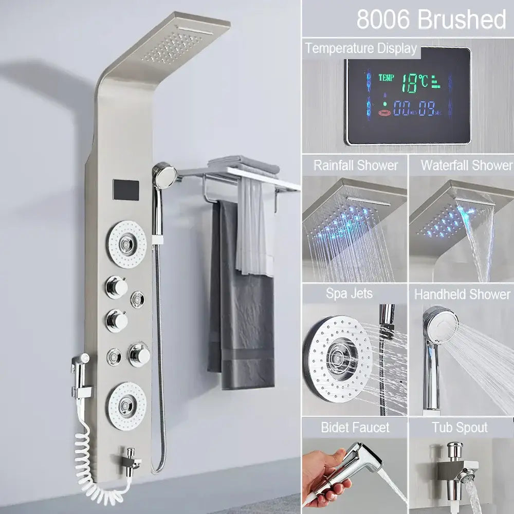 Modern black led shower faucet system with massage jets bathroom panel