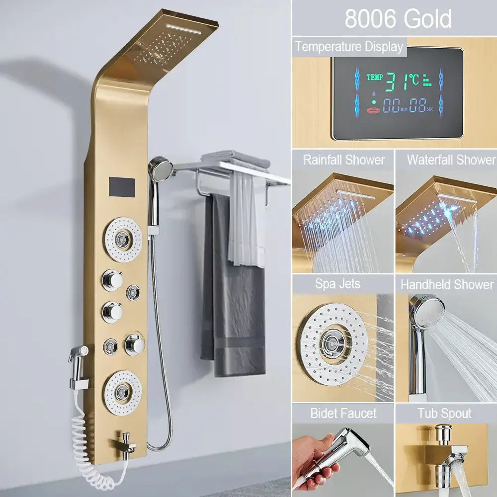 Modern black led shower faucet system with massage jets bathroom panel