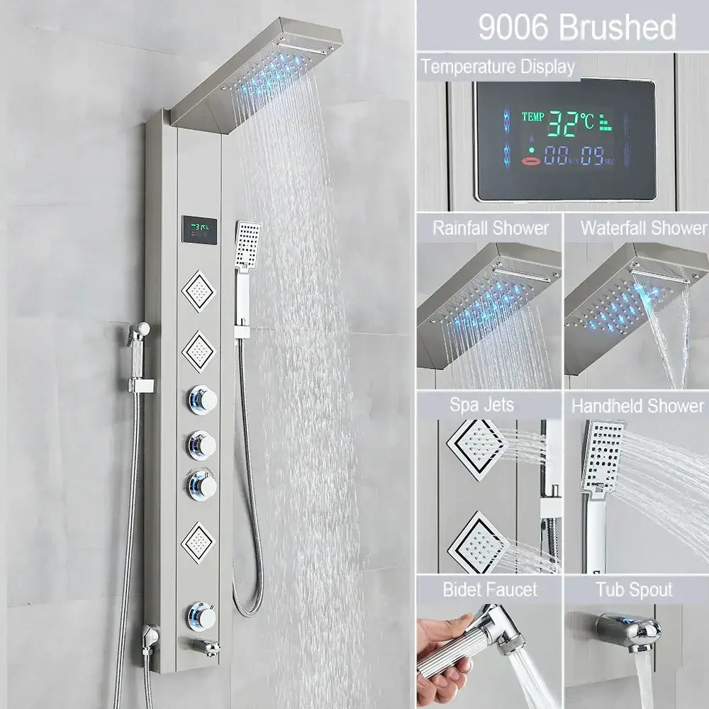 Modern black led shower faucet system with massage jets bathroom panel