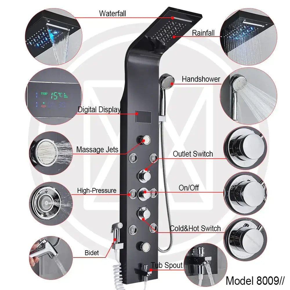 Modern black led shower faucet system with massage jets bathroom panel