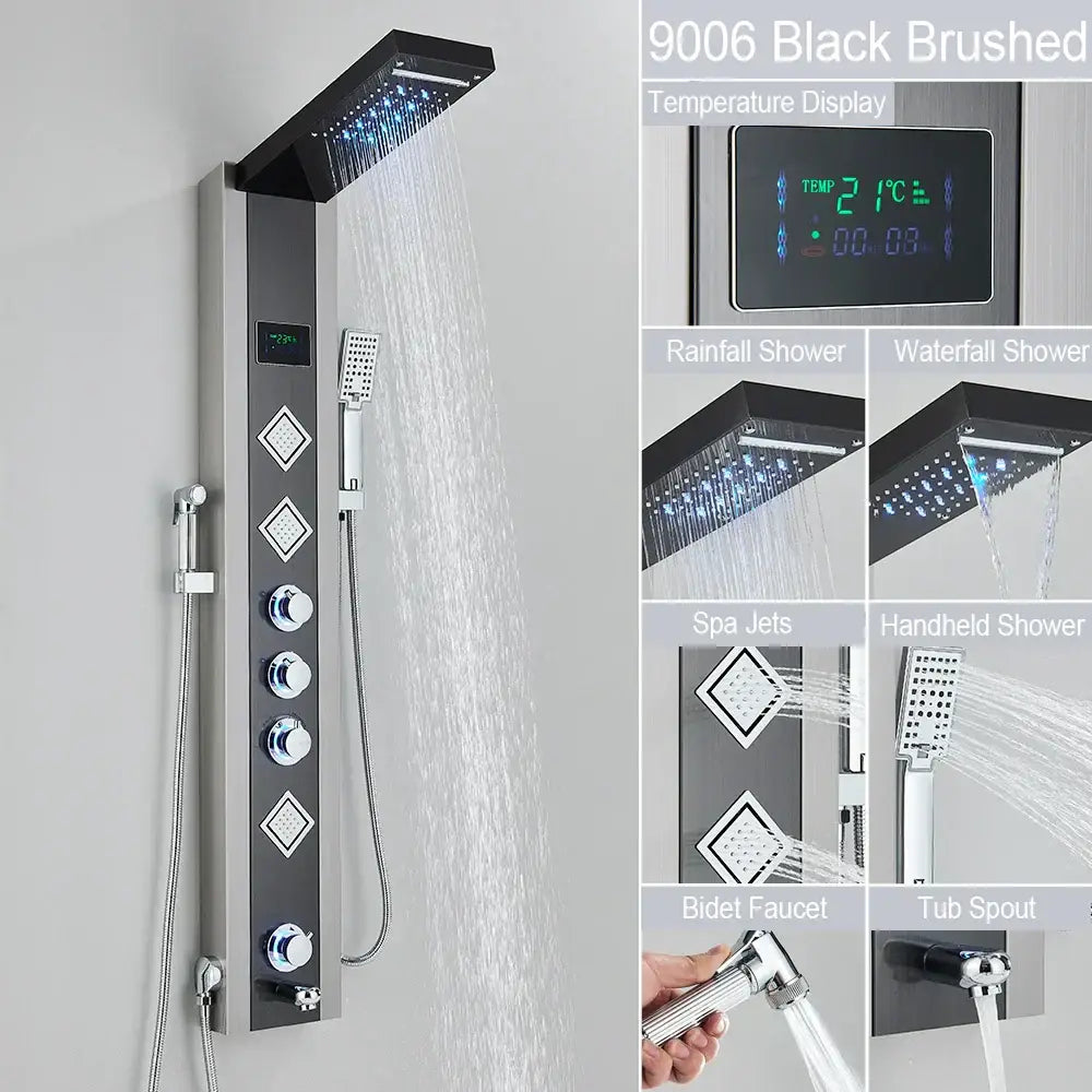 Modern black led shower faucet system with massage jets bathroom panel