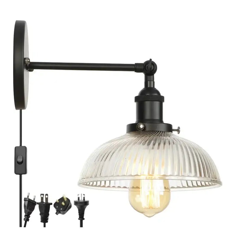Vintage black led wall lamp bedroom ribbed glass sconce
