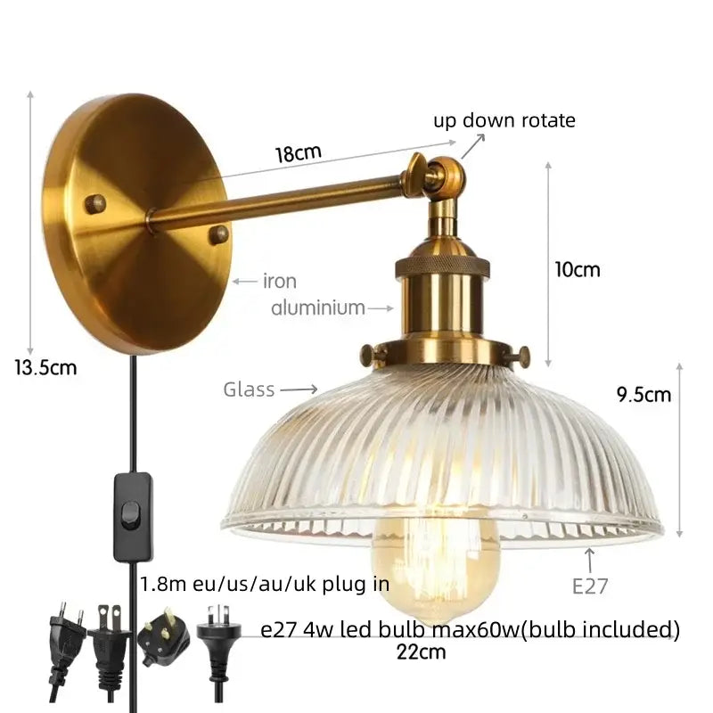 Vintage black led wall lamp bedroom ribbed glass sconce