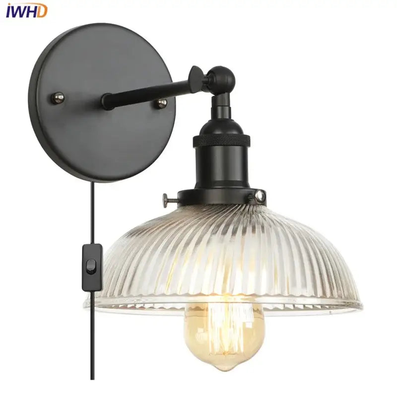 Vintage black led wall lamp bedroom ribbed glass sconce