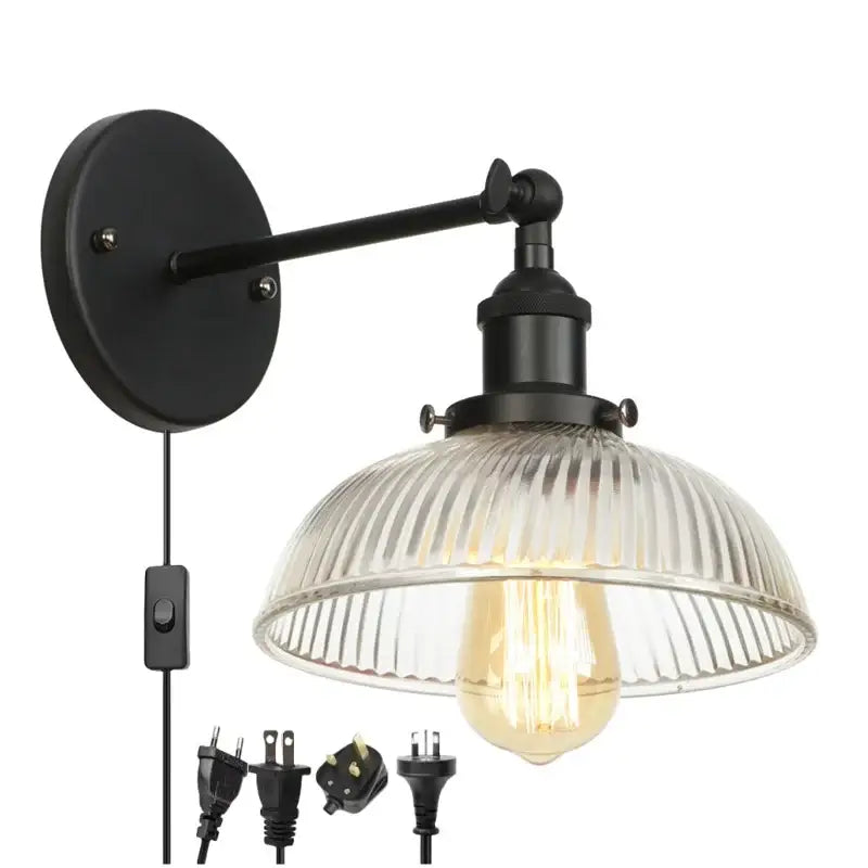 Vintage black led wall lamp bedroom ribbed glass sconce
