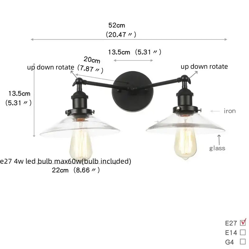 Industrial black led wall sconce with glass shades for bedroom