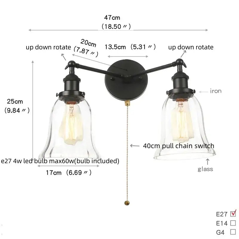 Industrial black led wall sconce with glass shades for bedroom