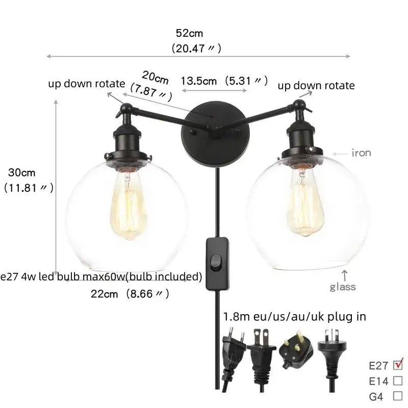 Industrial black led wall sconce with glass shades for bedroom