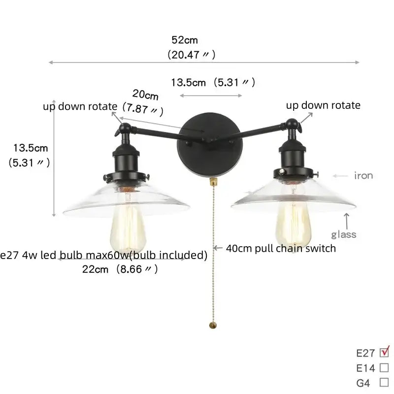 Industrial black led wall sconce with glass shades for bedroom