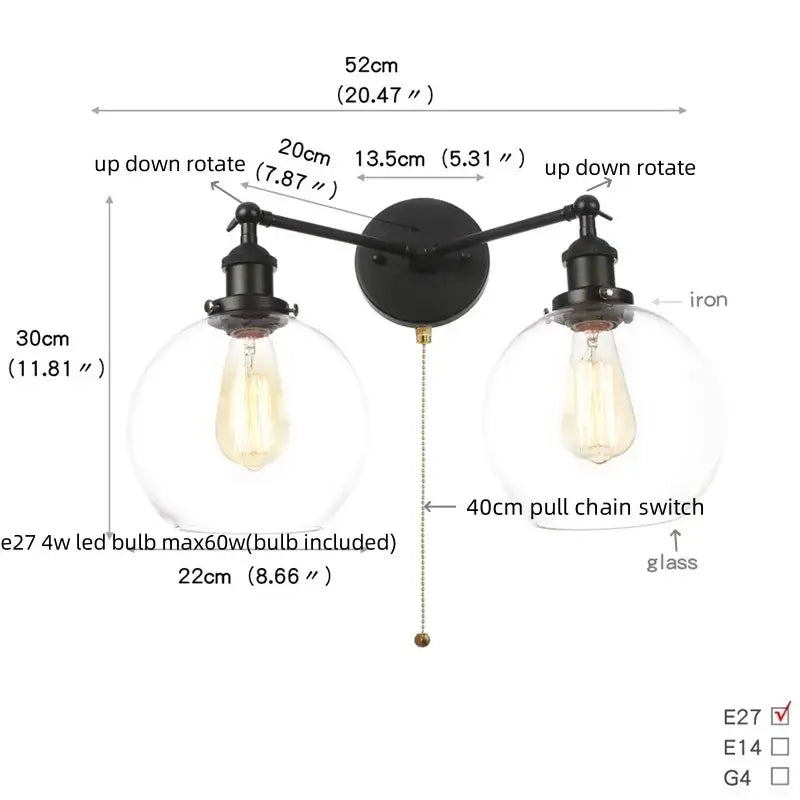 Industrial black led wall sconce with glass shades for bedroom