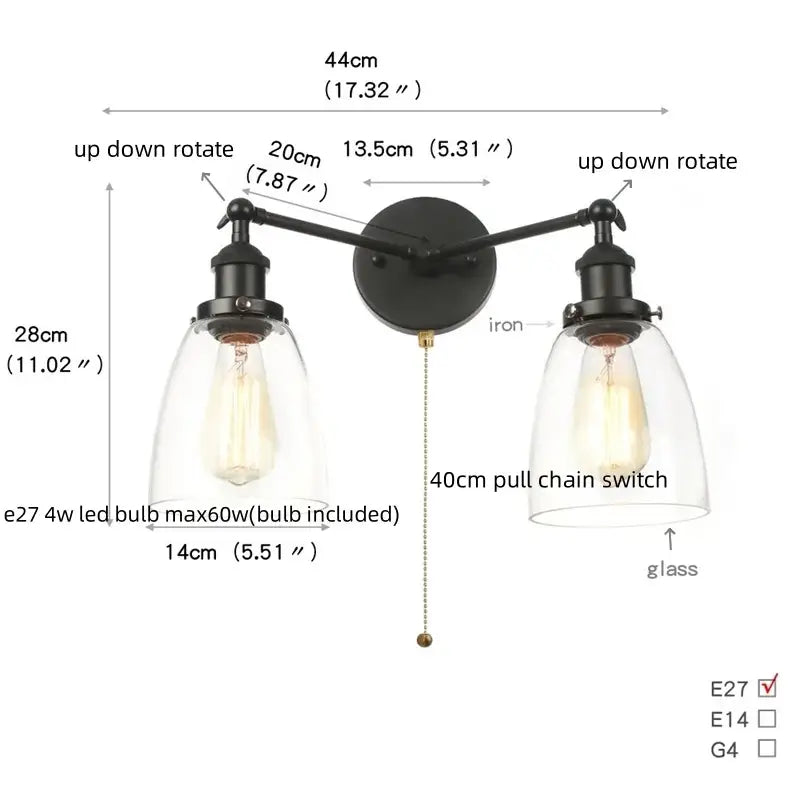 Industrial black led wall sconce with glass shades for bedroom