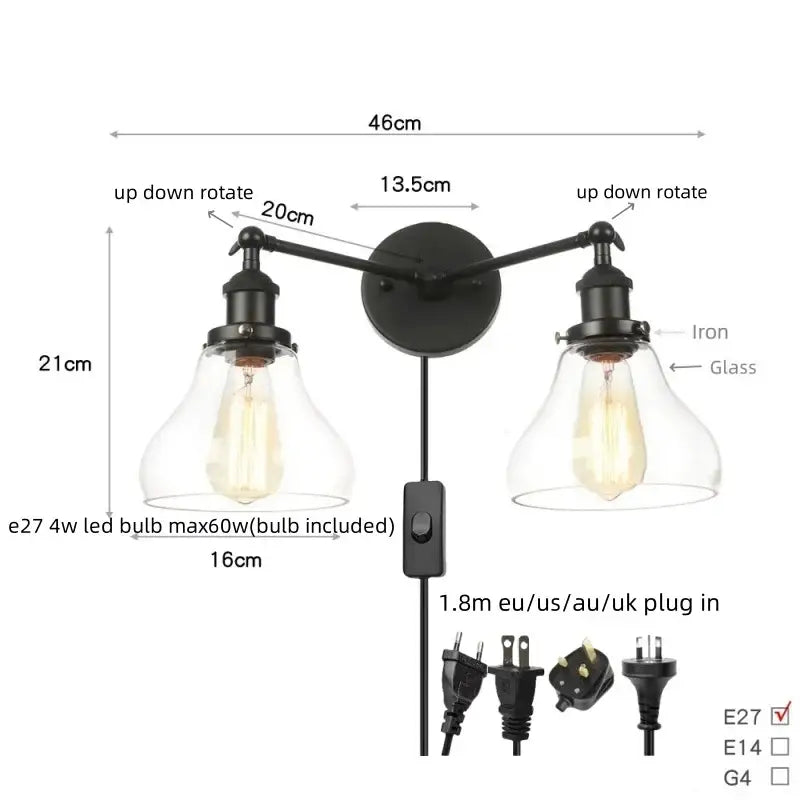 Industrial black led wall sconce with glass shades for bedroom