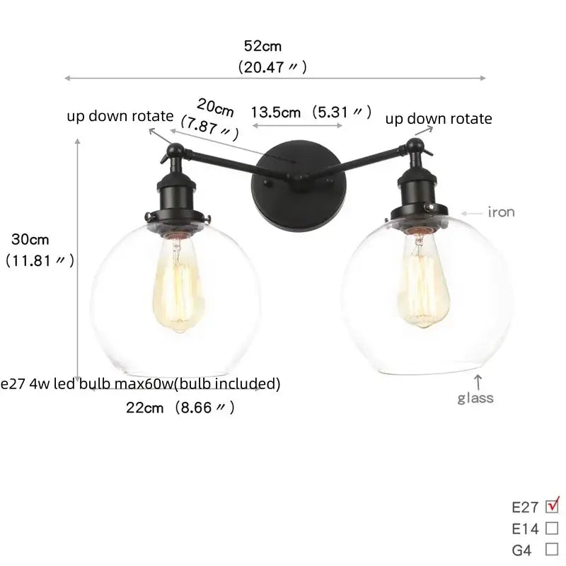 Industrial black led wall sconce with glass shades for bedroom