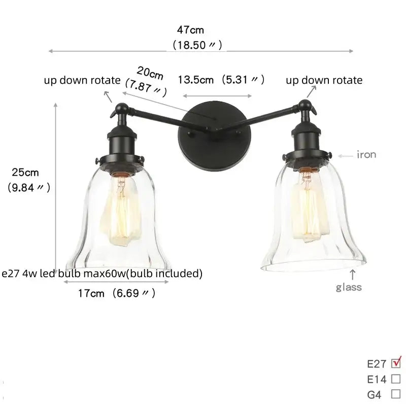 Industrial black led wall sconce with glass shades for bedroom