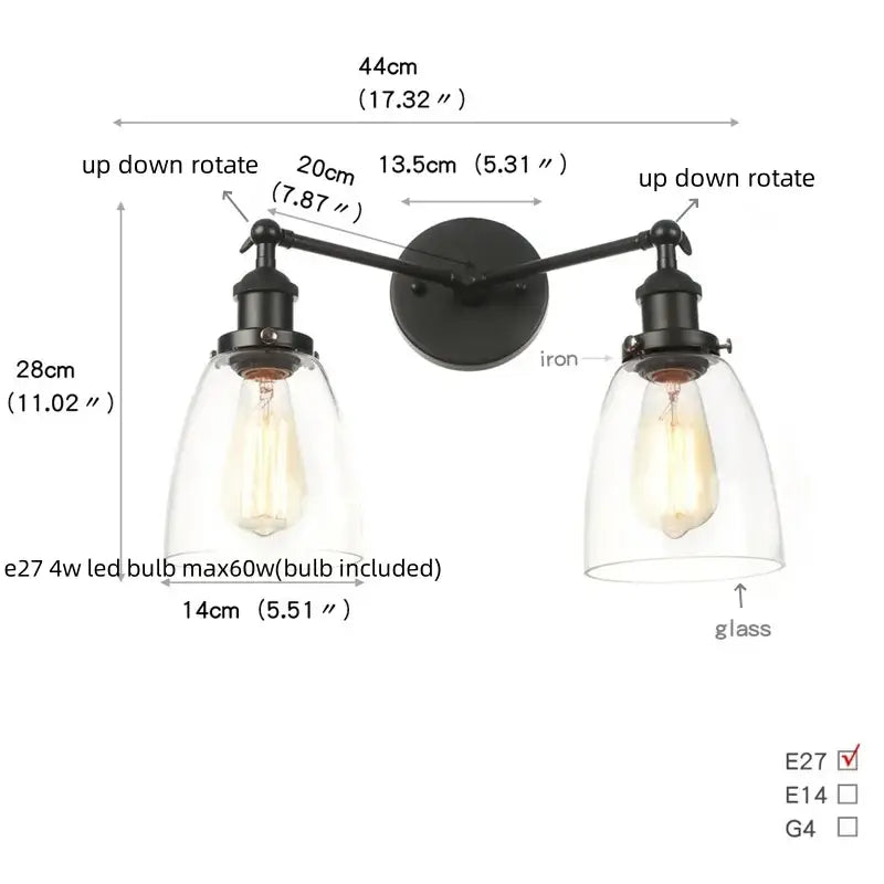Industrial black led wall sconce with glass shades for bedroom