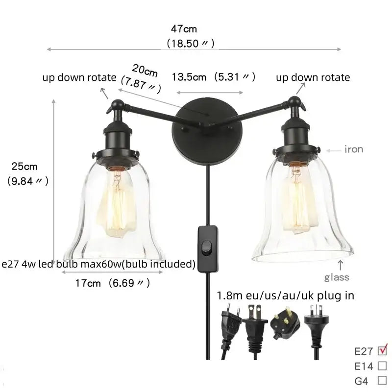 Industrial black led wall sconce with glass shades for bedroom