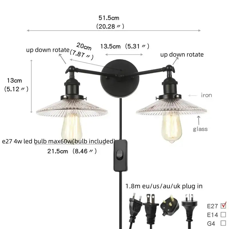 Industrial black led wall sconce with glass shades for bedroom