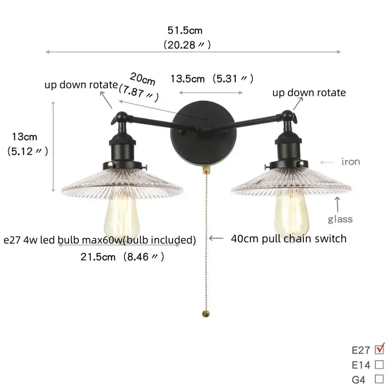 Industrial black led wall sconce with glass shades for bedroom