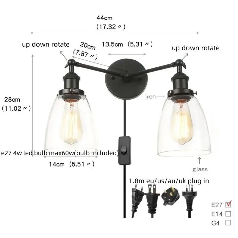 Industrial black led wall sconce with glass shades for bedroom