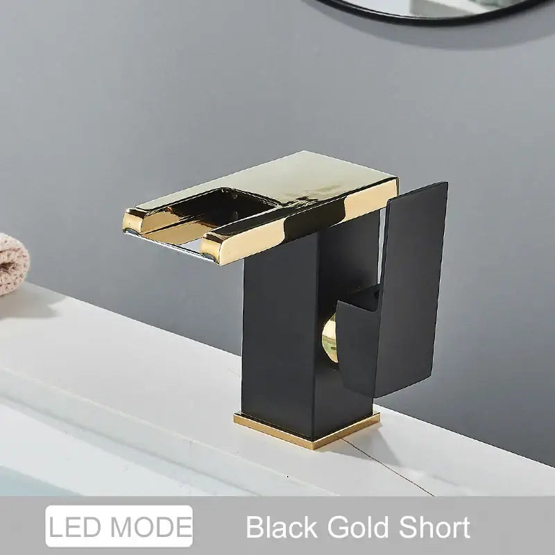 Matte black led waterfall bathroom faucet with chrome accents