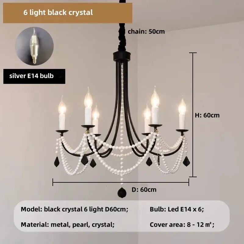 Decorbites black metal led candle pearl chandelier dining room light