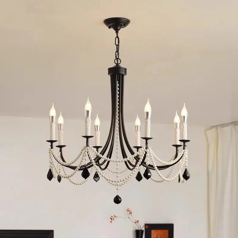 Decorbites black metal led candle pearl chandelier dining room light