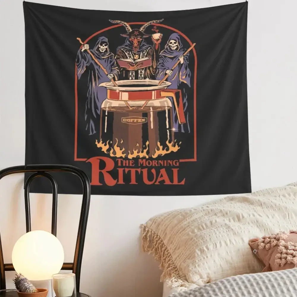 Decorbites black psychedelic tapestry morning ritual bedroom wall art