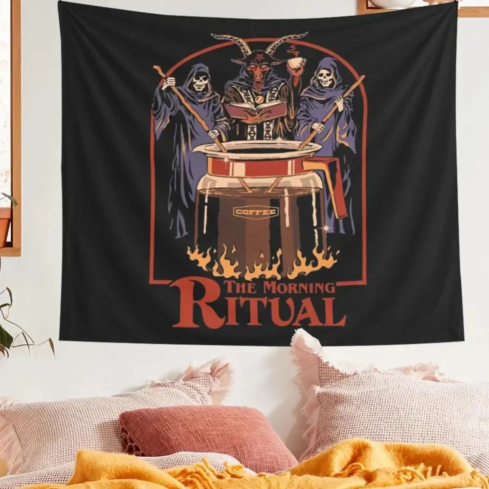 Decorbites black psychedelic tapestry morning ritual bedroom wall art