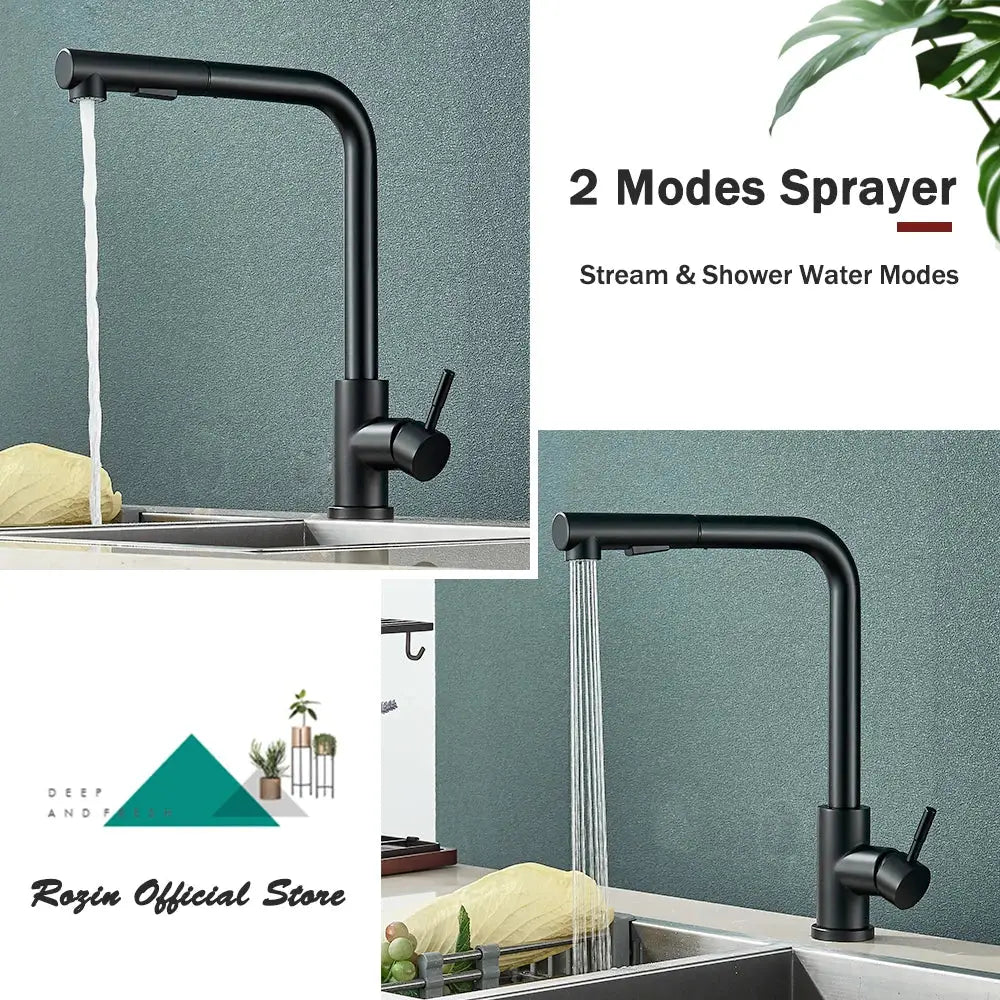 Decorbites black pull out kitchen faucet with dual mode nozzle