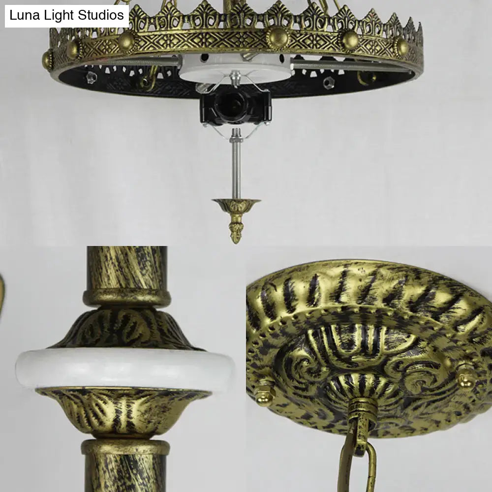 Antique brass blue & white stained glass baroque bowl pendant light library