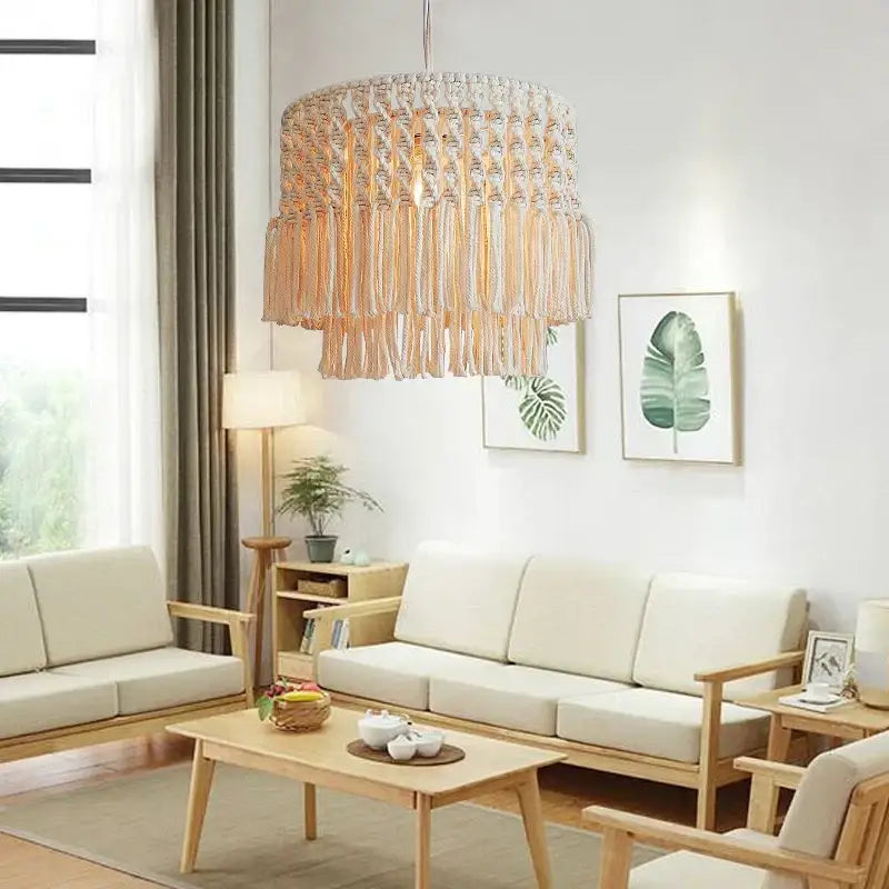 Bohemia cotton rope chandelier cream macrame dining room pendant light