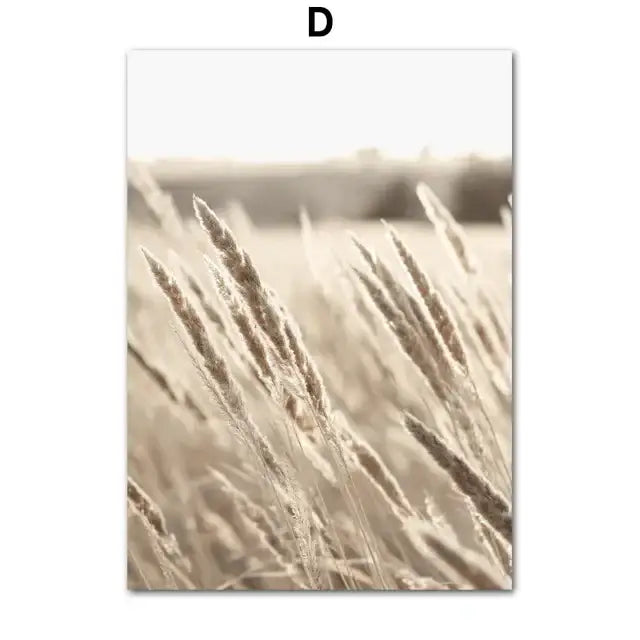 Bohemian sepia beach landscape wall art with beige flower grass living room