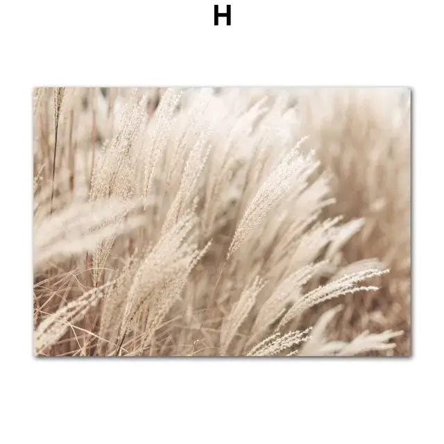 Bohemian sepia beach landscape wall art with beige flower grass living room
