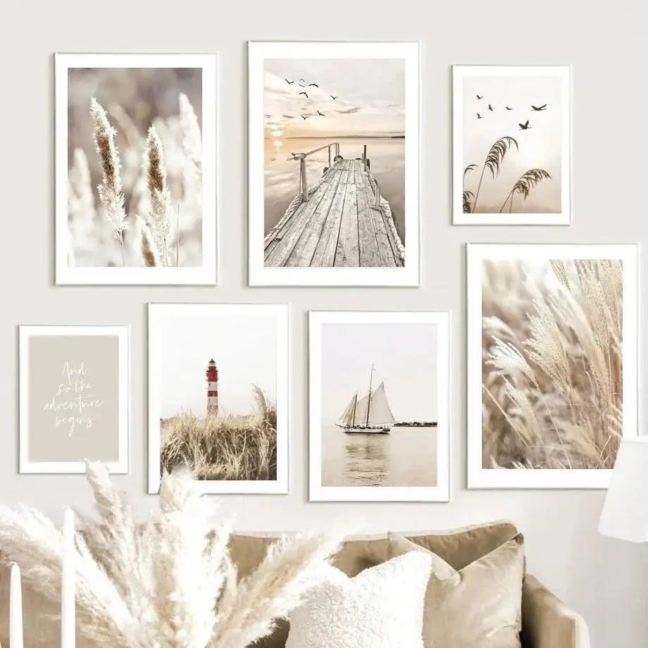 Bohemian beach landscape pampas grass wall art for bedroom