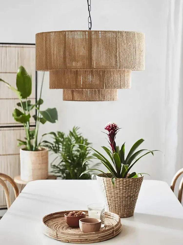 Decorbites bohemian rattan chandelier tiered bamboo dining room light