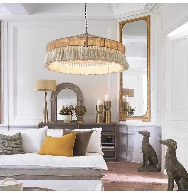 Decorbites bohemian tassel chandelier natural woven bedroom light