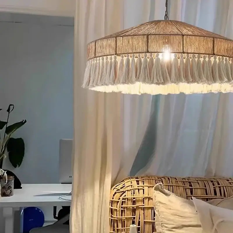 Decorbites bohemian tassel chandelier natural woven bedroom light