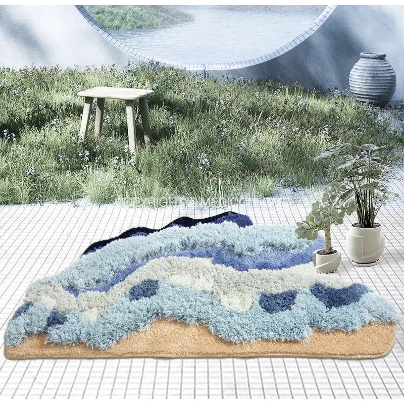 Decorbites boho chic mossy rug blue & beige bath mat for bedroom