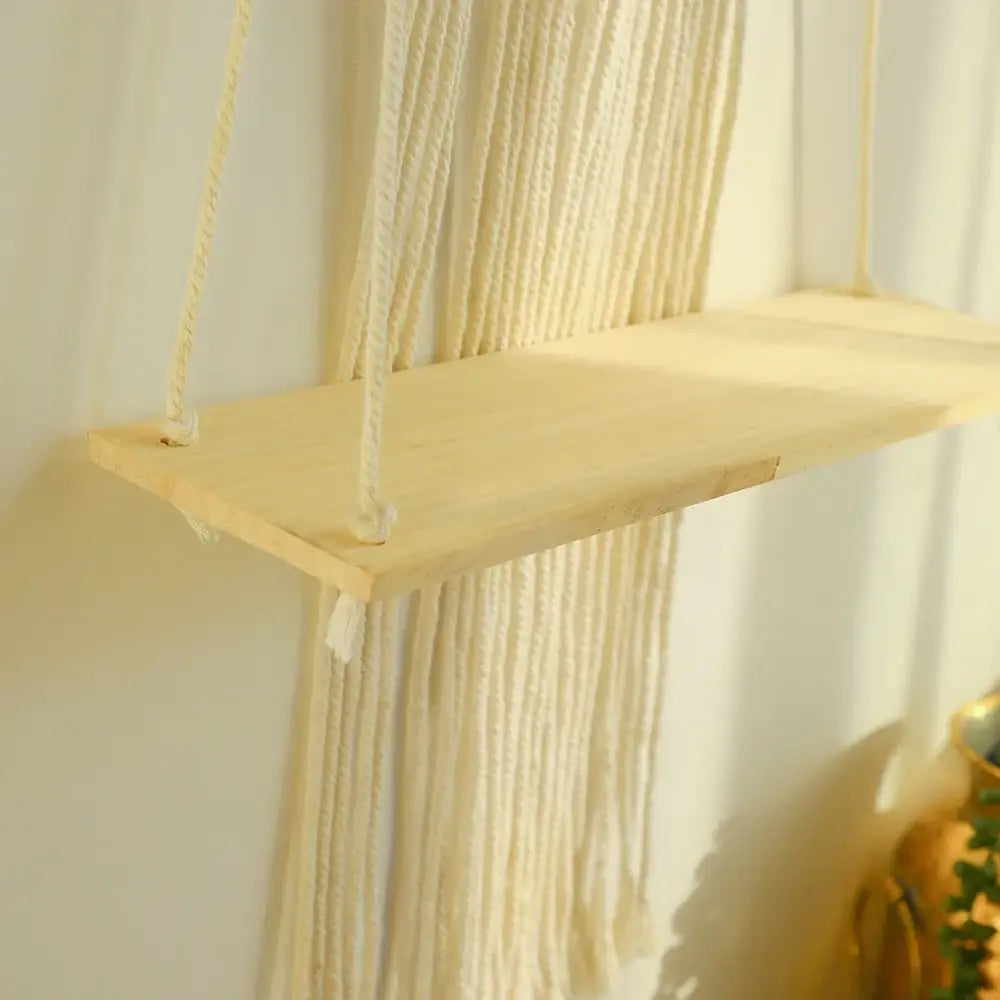Boho beige macrame wood hanging shelf bedroom wall decor