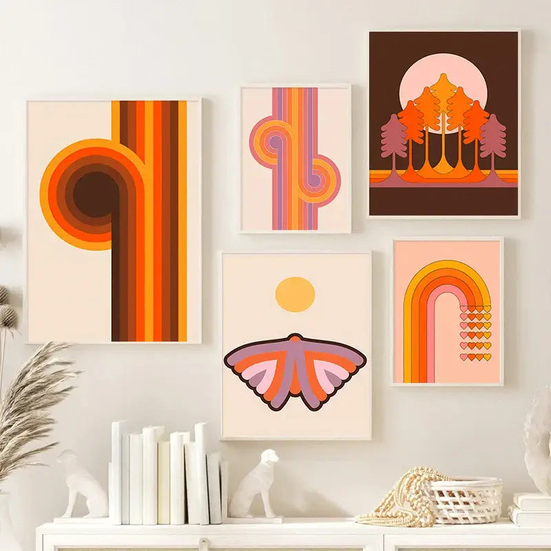 Retro orange & brown sunset art prints living room wall decor