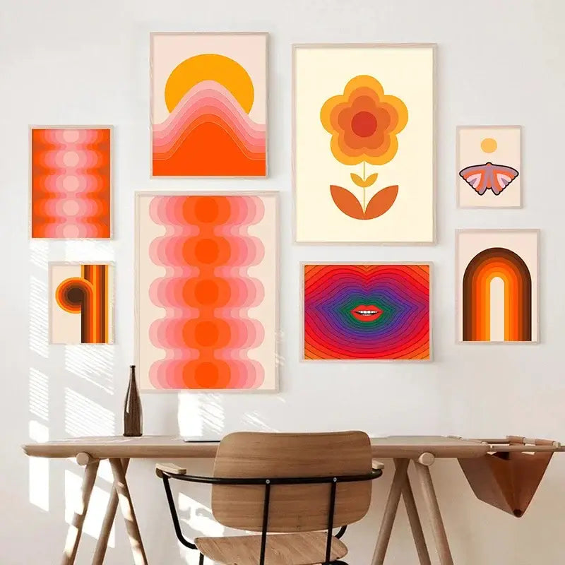 Retro boho orange & pink rainbow stripes art prints bedroom decor