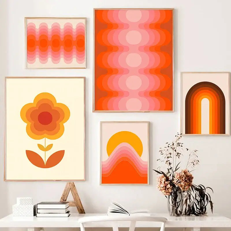 Retro boho orange & pink rainbow stripes art prints bedroom decor