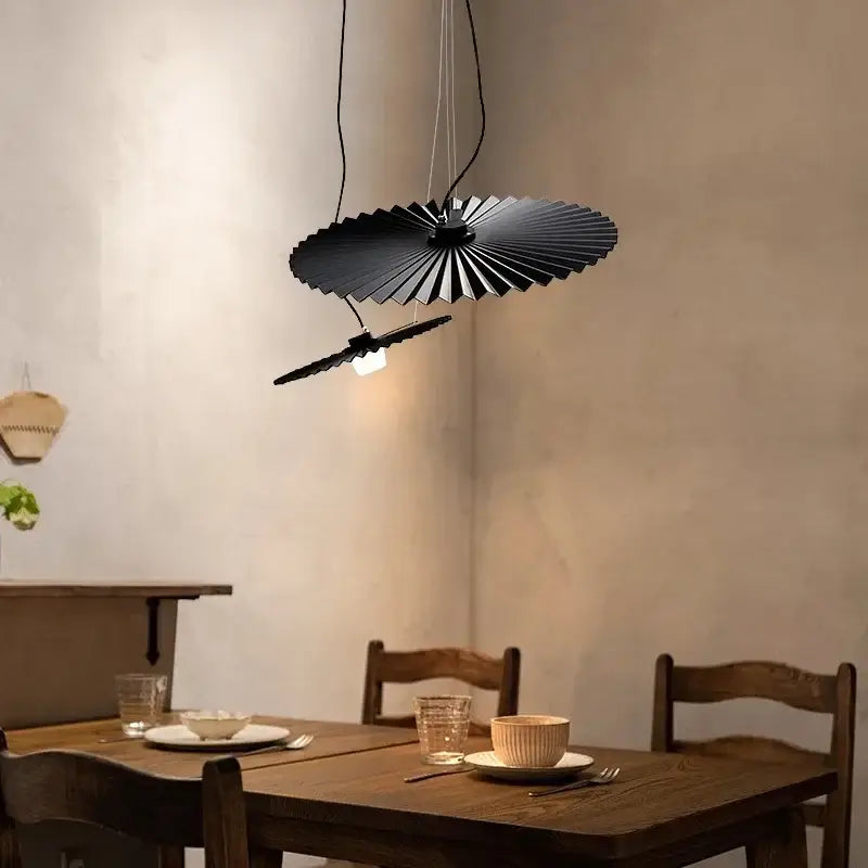 Decorbites boomerang wood black & cream pleated fan dining room lamp