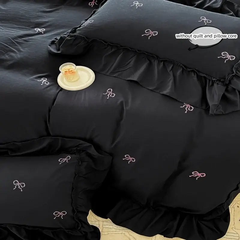 White & black bow embroidery bedding set bedroom ruffled linens