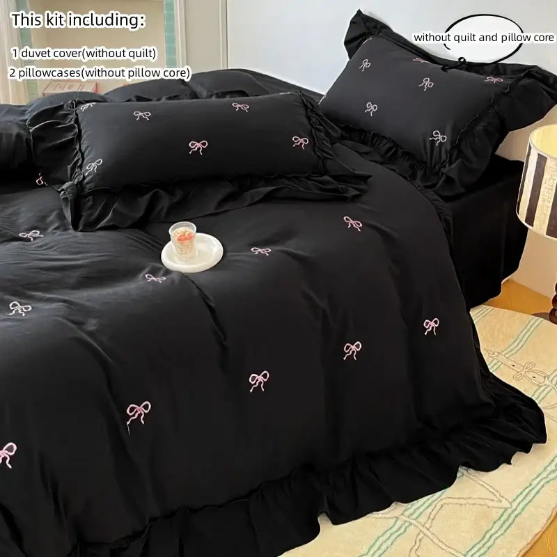 White & black bow embroidery bedding set bedroom ruffled linens