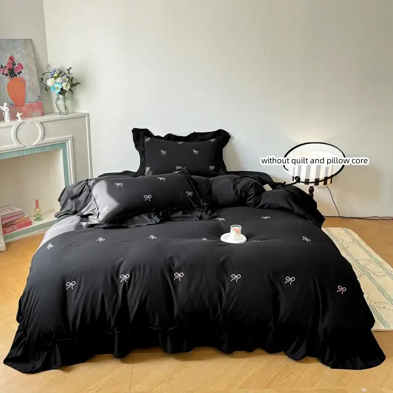 White & black bow embroidery bedding set bedroom ruffled linens
