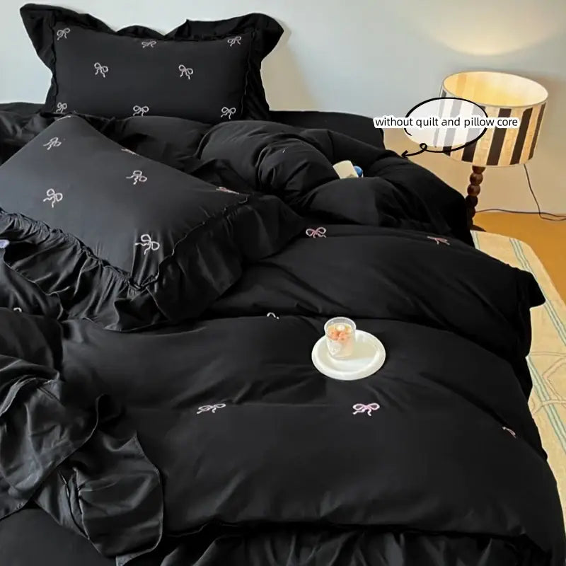White & black bow embroidery bedding set bedroom ruffled linens