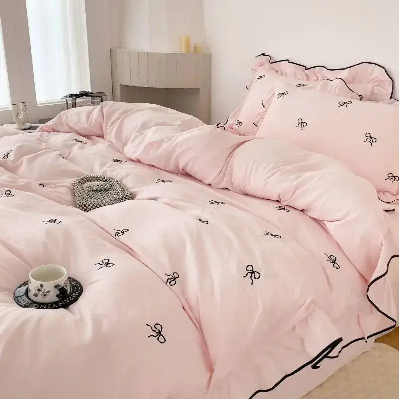 White & black bow embroidery bedding set bedroom ruffled linens