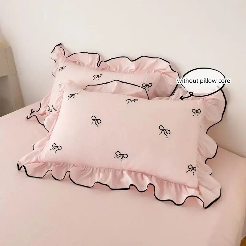 White & black bow embroidery bedding set bedroom ruffled linens
