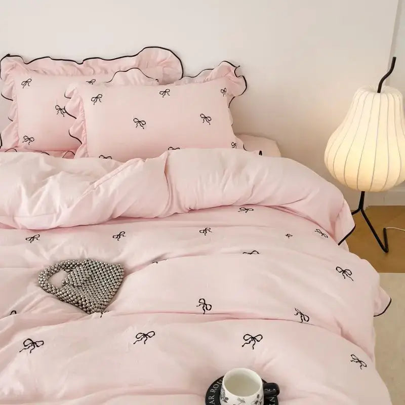 White & black bow embroidery bedding set bedroom ruffled linens